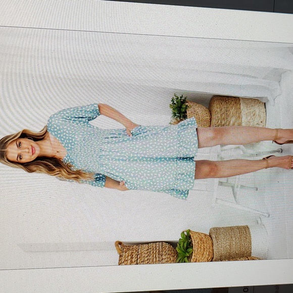 NWT - Plus Size Women's V Neck Short Sleeve Print Blue and White Smocked Dress - Picture 3 of 8